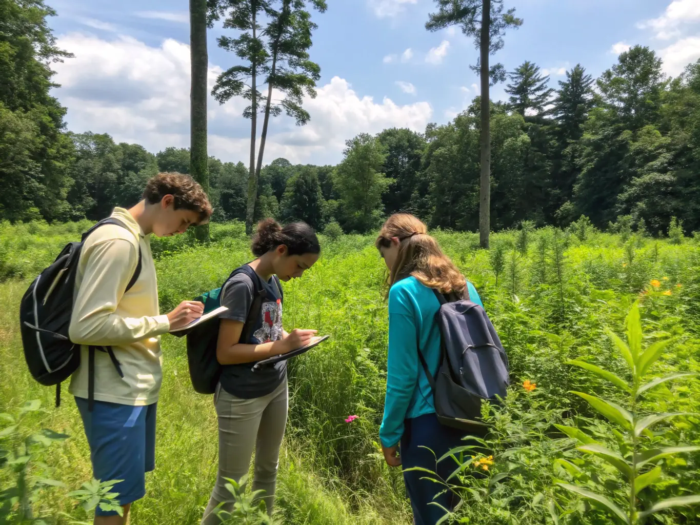 A group of school children participating in an outdoor educational activity near a river, guided by an environmental educator, illustrating the Environmental Education Programs.