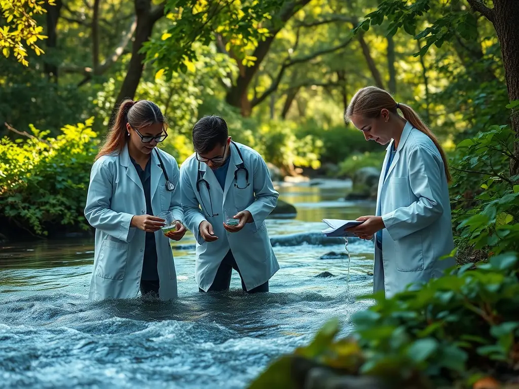 A team of environmental scientists collecting water and species samples along a riverbank, with aquatic plants and fish in the background, representing the Aquatic Ecosystem Monitoring program.