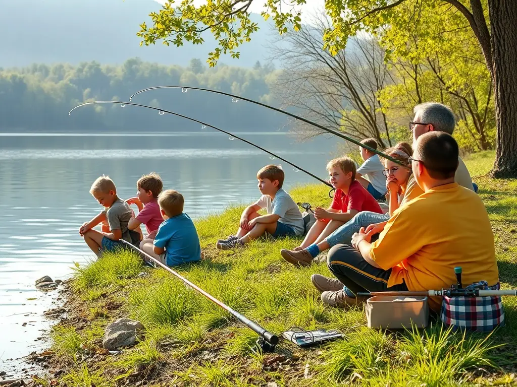 An experienced fisherman demonstrating traditional fishing techniques to a group of young participants on a riverbank, showcasing the Traditional Fishing Practice Workshops.
