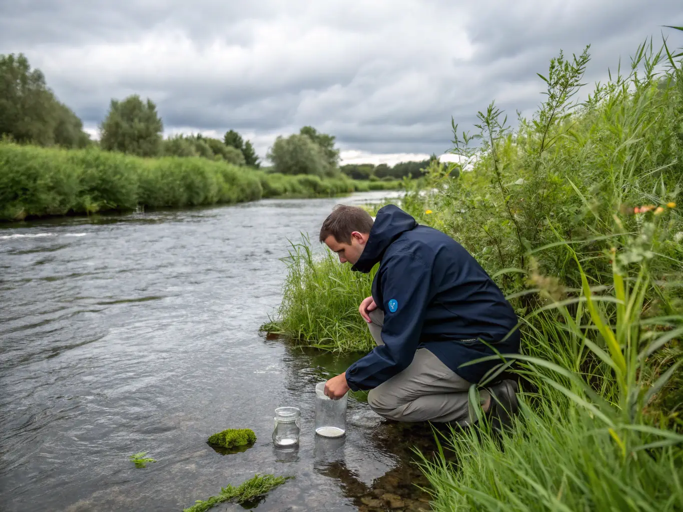 A serene image of researchers collecting water samples from a clear river, showcasing the organization's commitment to aquatic ecosystem monitoring and scientific data collection.